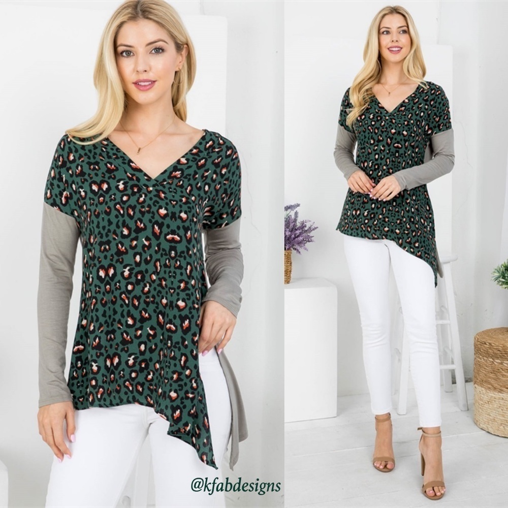 LAST 2! V Neck Green/Gray Asymmetrical Split Side Animal Print Top!